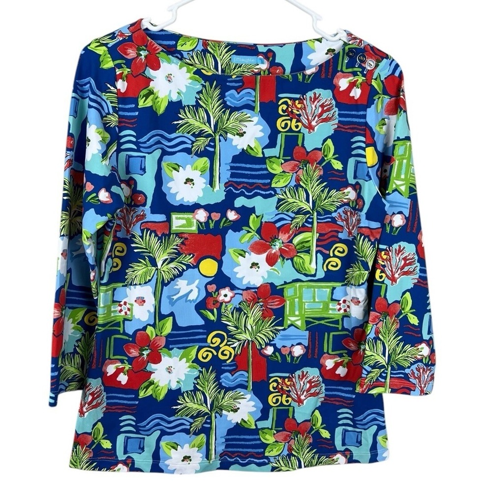 J McLaughlin‎ Top Womens Small S Blue Floral Catalina Cloth Tropical Palm Beach